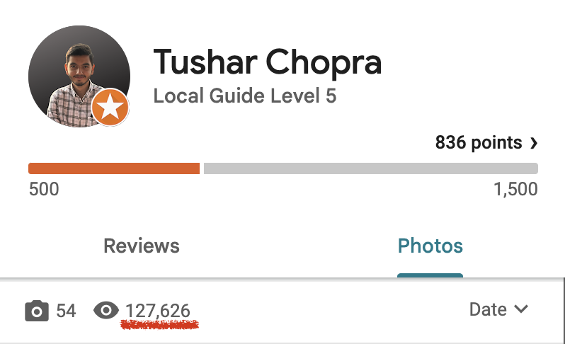 Google Local Guide Level 5 - Tushar Chopra with 836 points and 127,626 views